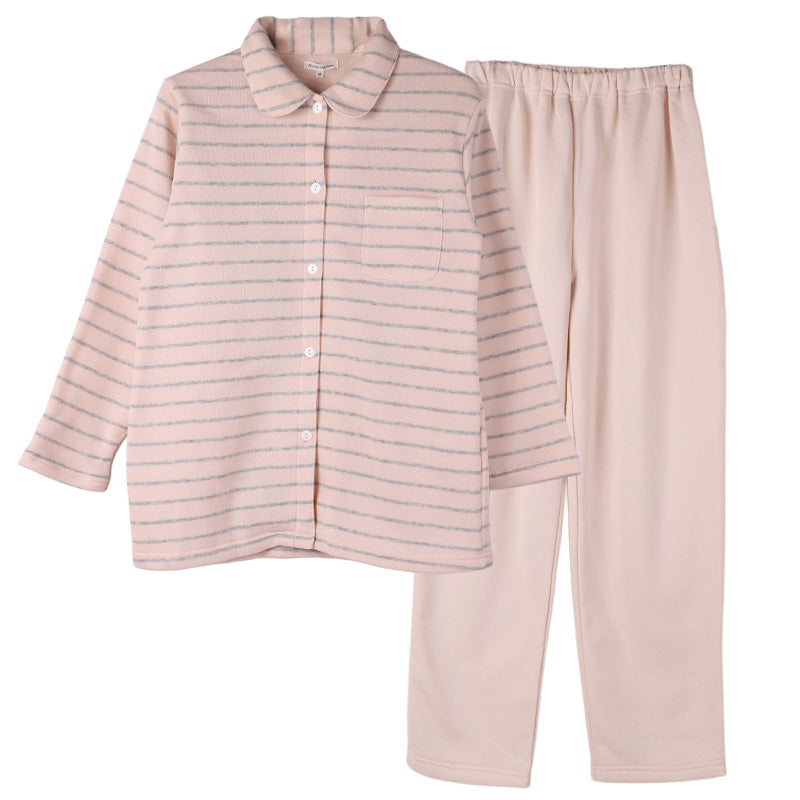 裏起毛 ルームウェア レディース パジャマ 上下セット 長袖 冬 保温 ボーダー シュール衿 部屋着 M L LL 婦人 セットアップ シンプル リラックスウェア 前開き ボタン  ふんわり やわらか 暖かい あったか 冷え対策 おしゃれ プレゼント ギフト