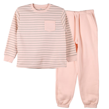 裏起毛 ルームウェア パジャマ ボーダー柄 女児 子供 キッズ ジュニア 上下セット 130 140 150 160 cm セットアップ スウェット トレーナー 女の子 ガーイズ カジュアル あったか 暖かい 保温 防寒 秋冬 冬 長袖 長ズボン ポケット付き 冬用 部屋着 プレゼント ギフト