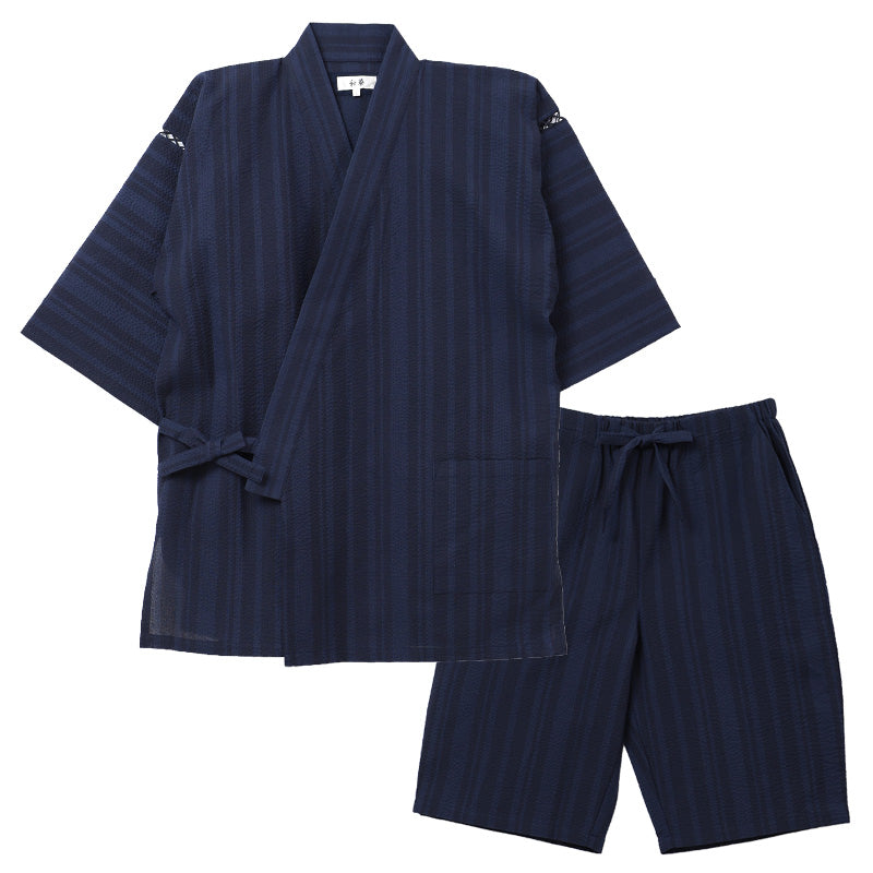 しじら 甚平 メンズ 綿混 ルームウェア 部屋着 上下セット 夏用 夏服 パジャマ M L LL 半袖 和風 和装 肌離れ ウエストゴム ウエストひも ゴム取替口 風呂上がり 寝間着 寝巻き ナイトウェア リラックス ワンマイル 夏祭り 父の日 敬老の日 ギフト