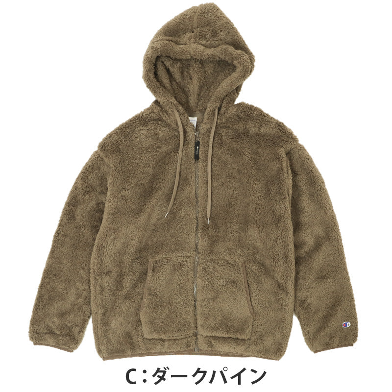 Champion チャンピオン フリースジャケット メンズ ボアジャケット ジップパーカー シェルパフリース フード付き ジップアップ もこもこ あったか 防寒 保温 軽量 長袖 アウター フリースパーカー ボアパーカー フーディー フーデッドジャケット