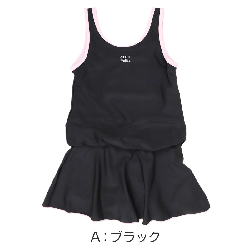スクール水着 女の子 ワンピース ブラウジングワンピ CECIL McBEE セシルマクビー キッズ ジュニア 水着 ガールズ UVカット ゼッケン付き のびるゼッケン カップ取付可 140cm～170cm ストレッチ 黒 紺 学校用 授業用 プール