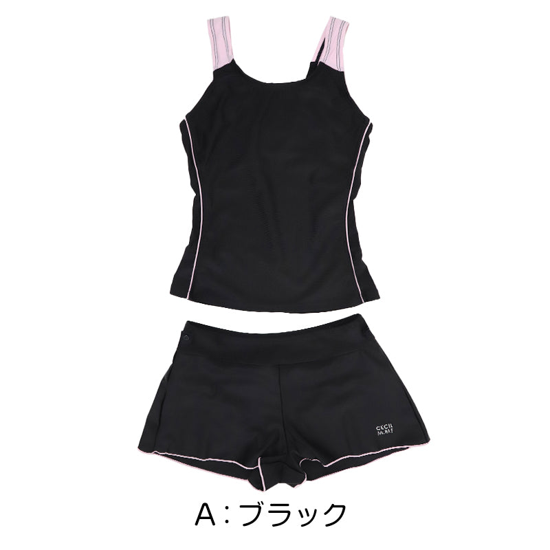 スクール水着 女の子 セパレート セパレーツ キュロット CECIL McBEE セシルマクビー キッズ ジュニア 水着 ガールズ スカート付き ショーツ一体型 UVカット ゼッケン付き のびるゼッケン 140cm～170cm カップ取付可 ストレッチ 黒 紺 学校用