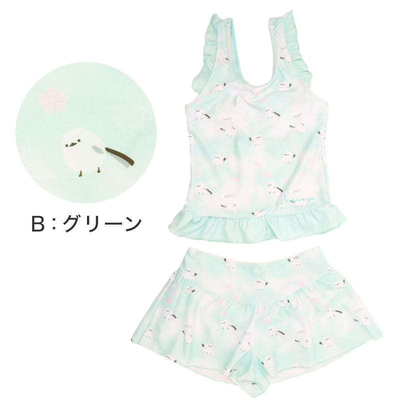 キッズ 水着 女の子 タンキニ セパレート シマエナガ フリル タンクトップ ガールズ ジュニア スイムウェア かわいい 鳥柄 アニマル柄 ポリエステル混 ストレッチ ピンク グリーン ブルー 120cm～140cm プール 海 水遊び 夏用