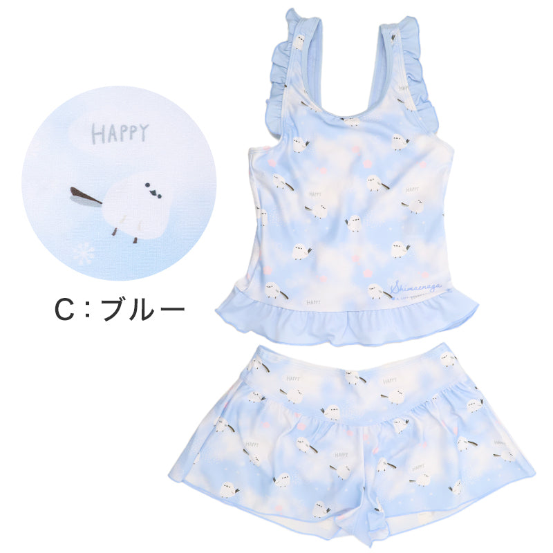 キッズ 水着 女の子 タンキニ セパレート シマエナガ フリル タンクトップ ガールズ ジュニア スイムウェア かわいい 鳥柄 アニマル柄 ポリエステル混 ストレッチ ピンク グリーン ブルー 120cm～140cm プール 海 水遊び 夏用