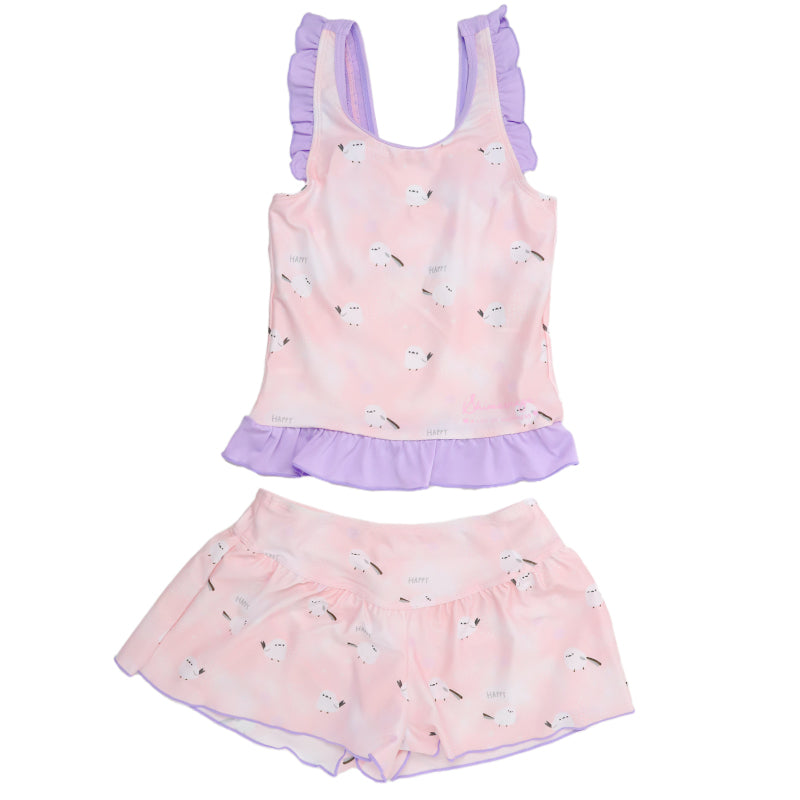キッズ 水着 女の子 タンキニ セパレート シマエナガ フリル タンクトップ ガールズ ジュニア スイムウェア かわいい 鳥柄 アニマル柄 ポリエステル混 ストレッチ ピンク グリーン ブルー 120cm～140cm プール 海 水遊び 夏用