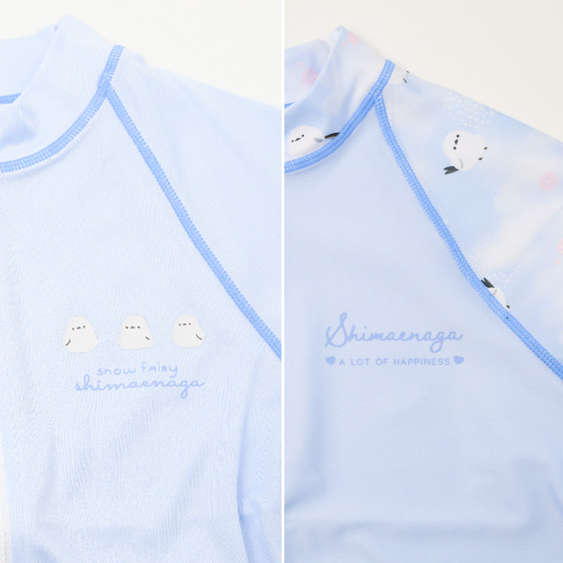 ラッシュガード キッズ シマエナガ 女の子 長袖 水着 ジュニア UVカット UPF50+ 紫外線カット ストレッチ ポリエステル混 かわいい 鳥柄 プール 海 水遊び 120cm～140cm 子供 日焼け対策 ピンク グリーン ブルー アイボリー