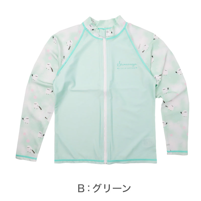 ラッシュガード キッズ シマエナガ 女の子 長袖 水着 ジュニア UVカット UPF50+ 紫外線カット ストレッチ ポリエステル混 かわいい 鳥柄 プール 海 水遊び 120cm～140cm 子供 日焼け対策 ピンク グリーン ブルー アイボリー