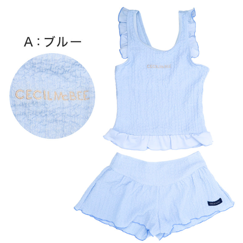 キッズ 水着 女の子 タンキニ セパレート CECIL McBEE セシルマクビー ガールズ ジュニア フリル タンクトップ スイムウェア かわいい 無地 120cm～140cm ブルー パープル プール 海 水遊び 夏用 レジャー