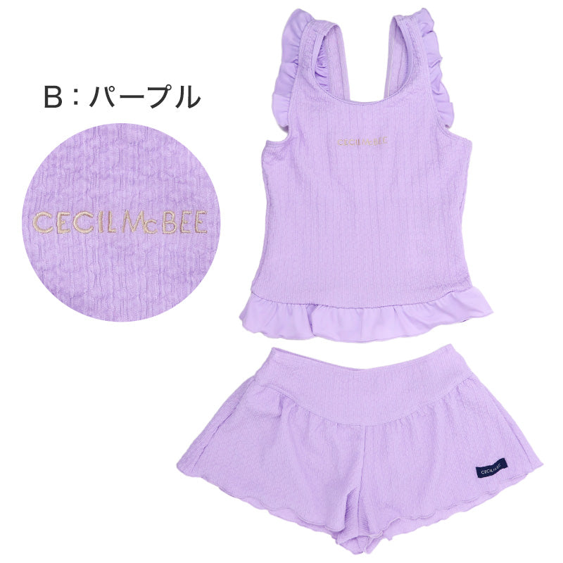 キッズ 水着 女の子 タンキニ セパレート CECIL McBEE セシルマクビー ガールズ ジュニア フリル タンクトップ スイムウェア かわいい 無地 120cm～140cm ブルー パープル プール 海 水遊び 夏用 レジャー