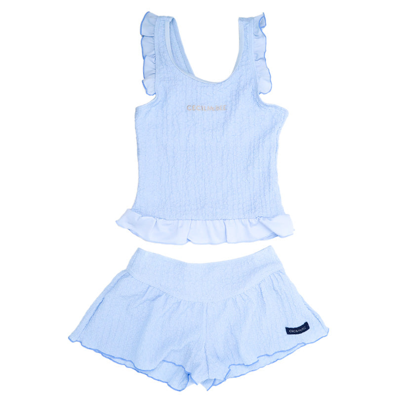 キッズ 水着 女の子 タンキニ セパレート CECIL McBEE セシルマクビー ガールズ ジュニア フリル タンクトップ スイムウェア かわいい 無地 120cm～140cm ブルー パープル プール 海 水遊び 夏用 レジャー
