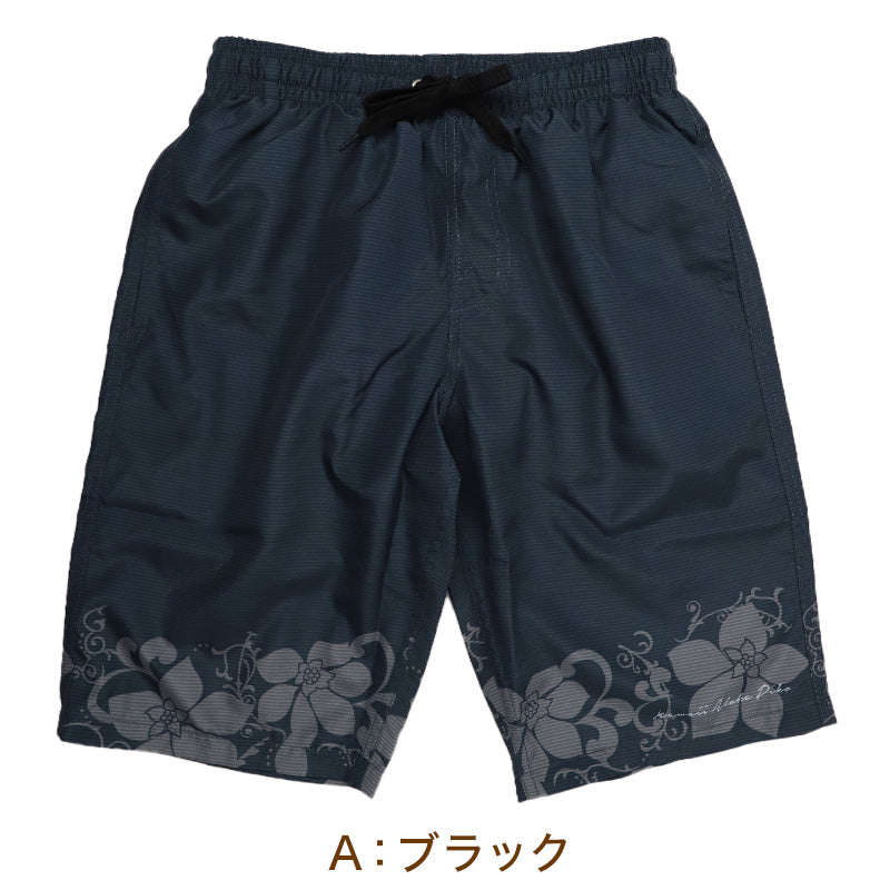 サーフパンツ キッズ 男の子 PIKO ピコ HAWAIIAN LONGBOARD WEAR フラワー柄 水着 海パン スイムパンツ ボーイズ ジュニア ポリエステル ウエスト調節ヒモ 140cm～160cm ブラック ブルー プール 海 水遊び 夏用