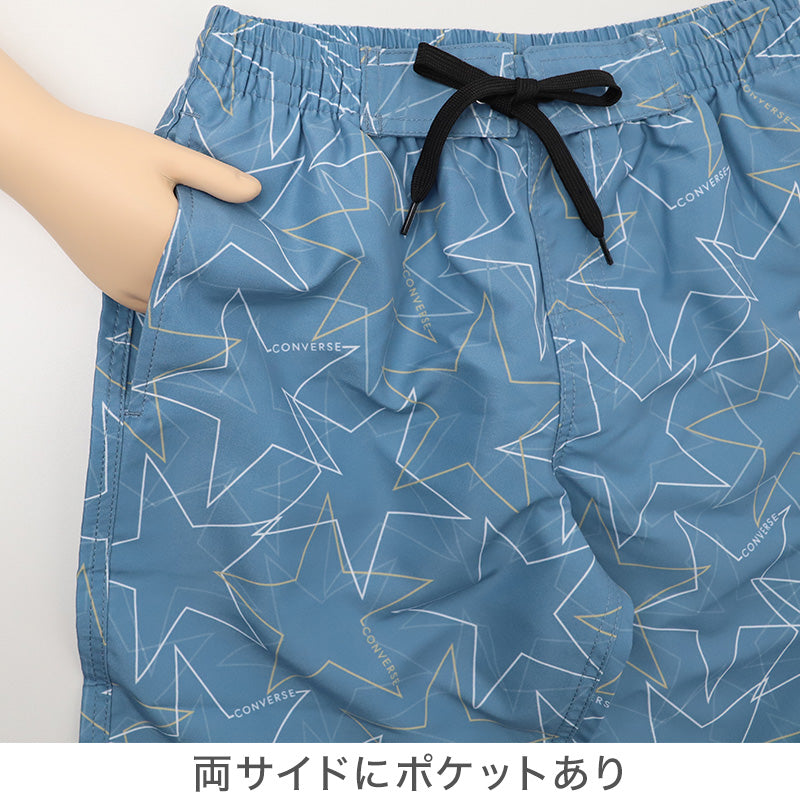 サーフパンツ キッズ 男の子 CONVERSE コンバース スター柄 水着 海パン スイムパンツ ボーイズ ジュニア ポリエステル ウエスト調節ヒモ ブラック ブルー 140cm～160cm プール 海 水遊び 夏用 レジャー