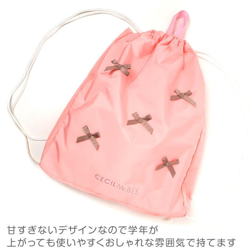 プールバッグ キッズ 女の子 ナップサック CECIL McBEE セシルマクビー リボン 大きめ 巾着バッグ 水泳バッグ スイムバッグ 体操服入れ 体操着入れ 水着入れ お名前スペース 紐調節可 W36×H44×D7 ポリエステル ブラック ピンク サックス 学校用