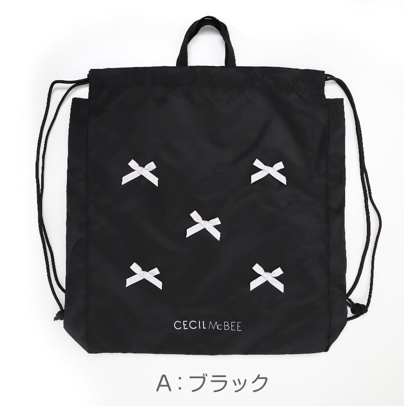 プールバッグ キッズ 女の子 ナップサック CECIL McBEE セシルマクビー リボン 大きめ 巾着バッグ 水泳バッグ スイムバッグ 体操服入れ 体操着入れ 水着入れ お名前スペース 紐調節可 W36×H44×D7 ポリエステル ブラック ピンク サックス 学校用