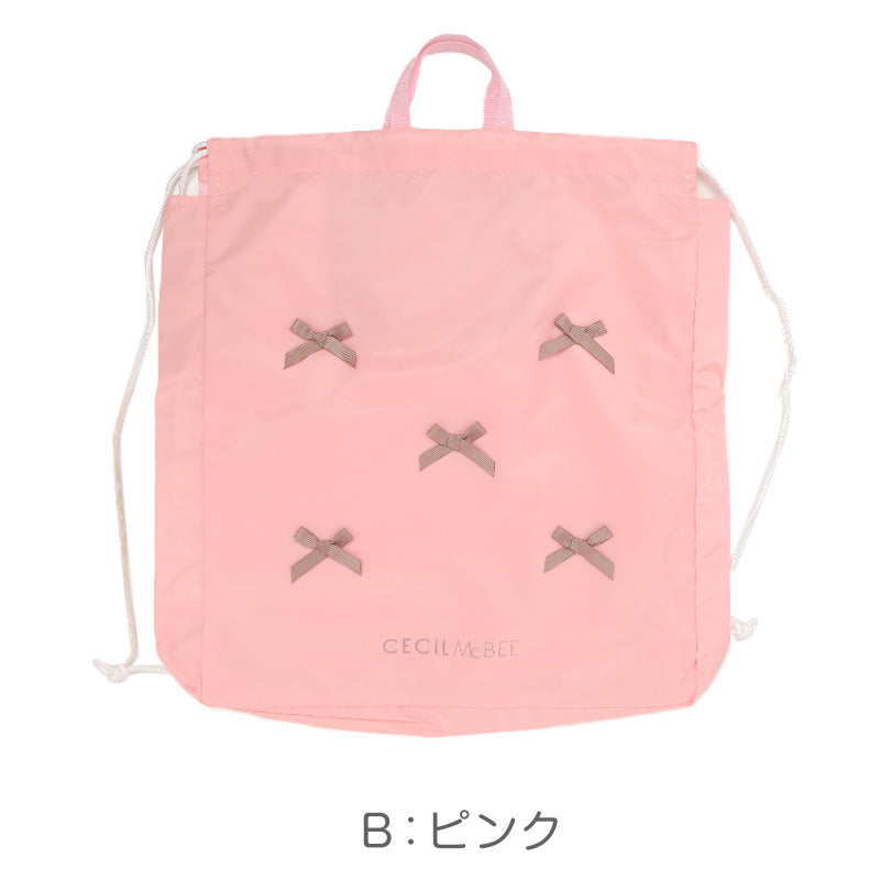 プールバッグ キッズ 女の子 ナップサック CECIL McBEE セシルマクビー リボン 大きめ 巾着バッグ 水泳バッグ スイムバッグ 体操服入れ 体操着入れ 水着入れ お名前スペース 紐調節可 W36×H44×D7 ポリエステル ブラック ピンク サックス 学校用