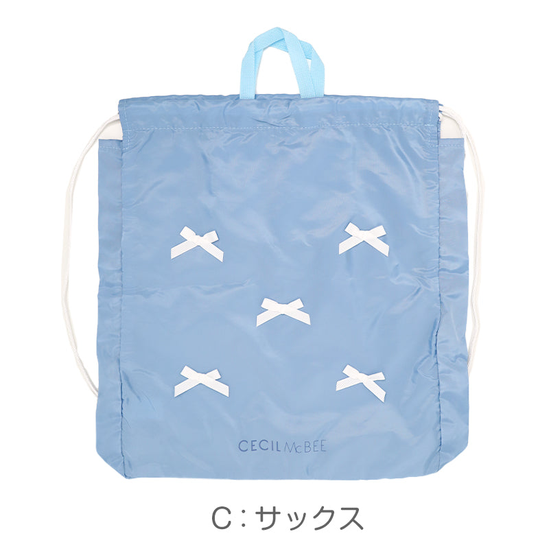 プールバッグ キッズ 女の子 ナップサック CECIL McBEE セシルマクビー リボン 大きめ 巾着バッグ 水泳バッグ スイムバッグ 体操服入れ 体操着入れ 水着入れ お名前スペース 紐調節可 W36×H44×D7 ポリエステル ブラック ピンク サックス 学校用