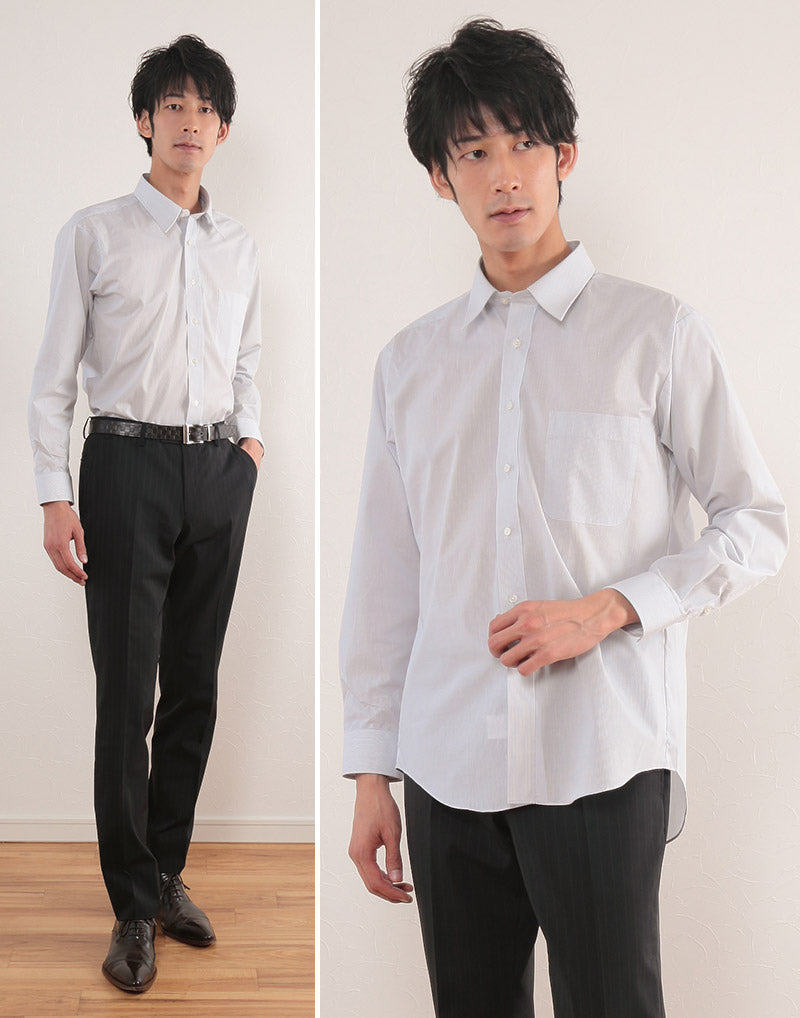 カッターシャツ メンズ 長袖 形態安定 (グレー) 28サイズ展開 (ドレスシャツ ストライプ柄 ワイシャツ ノーアイロン yシャツ シャツ 紳士) (在庫限り)
