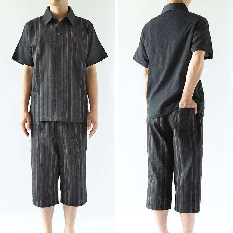 和柄 シャツ 襟付き メンズ 夏 大きいサイズ しじら織り 和風 M～4L おしゃれ 涼しい 和服 和装 パジャマ 寝巻き 部屋着 ホームウェア ルームウェア アウター tシャツ 半袖 トップス 父の日 ギフト プレゼント 30代 40代 50代 ブラック ネイビー M L LL 3L 4L (在庫限り)