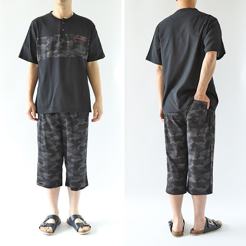 ヘンリーネック tシャツ メンズ 夏 半袖 綿100% 大きいサイズ 和柄 和風 M～4L クレープ おしゃれ 涼しい パジャマ 部屋着 寝巻き ルームウェア アウター シャツ トップス 父の日 ギフト プレゼント 30代 40代 50代 ブラック ネイビー M L LL 3L 4L (在庫限り)