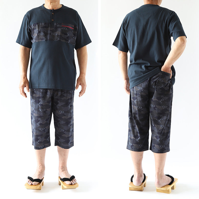 ヘンリーネック tシャツ メンズ 夏 半袖 綿100% 大きいサイズ 和柄 和風 M～4L クレープ おしゃれ 涼しい パジャマ 部屋着 寝巻き ルームウェア アウター シャツ トップス 父の日 ギフト プレゼント 30代 40代 50代 ブラック ネイビー M L LL 3L 4L (在庫限り)