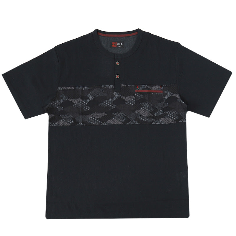 ヘンリーネック tシャツ メンズ 夏 半袖 綿100% 大きいサイズ 和柄 和風 M～4L クレープ おしゃれ 涼しい パジャマ 部屋着 寝巻き ルームウェア アウター シャツ トップス 父の日 ギフト プレゼント 30代 40代 50代 ブラック ネイビー M L LL 3L 4L (在庫限り)