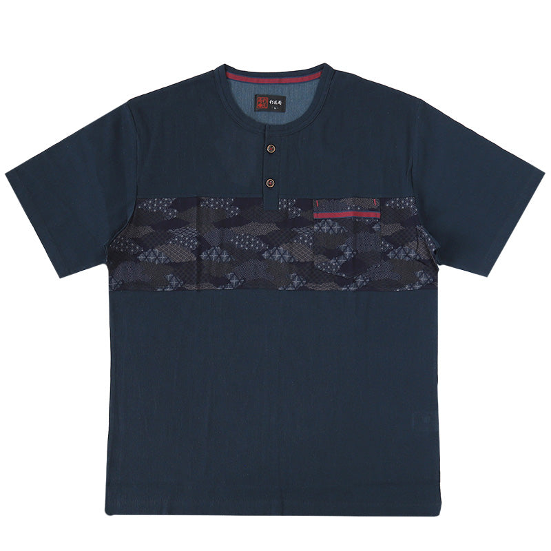 ヘンリーネック tシャツ メンズ 夏 半袖 綿100% 大きいサイズ 和柄 和風 M～4L クレープ おしゃれ 涼しい パジャマ 部屋着 寝巻き ルームウェア アウター シャツ トップス 父の日 ギフト プレゼント 30代 40代 50代 ブラック ネイビー M L LL 3L 4L (在庫限り)