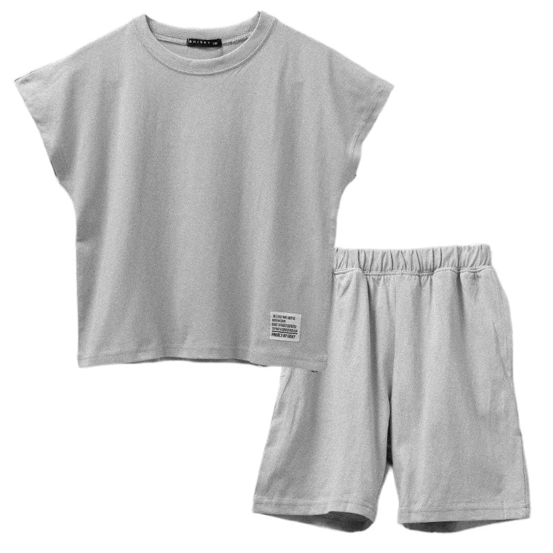 キッズ セットアップ 子供服 ノースリーブ ハーフパンツ 上下セット 綿100％ オーバーサイズ 130 140 150 160 cm 夏服 男の子 女の子 ジュニア ルームウェア 部屋着 パジャマ 小学生 中学生 SHISKY ポケット付き 調整紐 無地 おしゃれ ゆったり