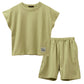 キッズ セットアップ 子供服 ノースリーブ ハーフパンツ 上下セット 綿100％ オーバーサイズ 130 140 150 160 cm 夏服 男の子 女の子 ジュニア ルームウェア 部屋着 パジャマ 小学生 中学生 SHISKY ポケット付き 調整紐 無地 おしゃれ ゆったり