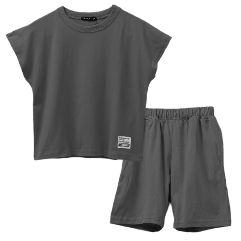 キッズ セットアップ 子供服 ノースリーブ ハーフパンツ 上下セット 綿100％ オーバーサイズ 130 140 150 160 cm 夏服 男の子 女の子 ジュニア ルームウェア 部屋着 パジャマ 小学生 中学生 SHISKY ポケット付き 調整紐 無地 おしゃれ ゆったり