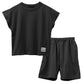 キッズ セットアップ 子供服 ノースリーブ ハーフパンツ 上下セット 綿100％ オーバーサイズ 130 140 150 160 cm 夏服 男の子 女の子 ジュニア ルームウェア 部屋着 パジャマ 小学生 中学生 SHISKY ポケット付き 調整紐 無地 おしゃれ ゆったり