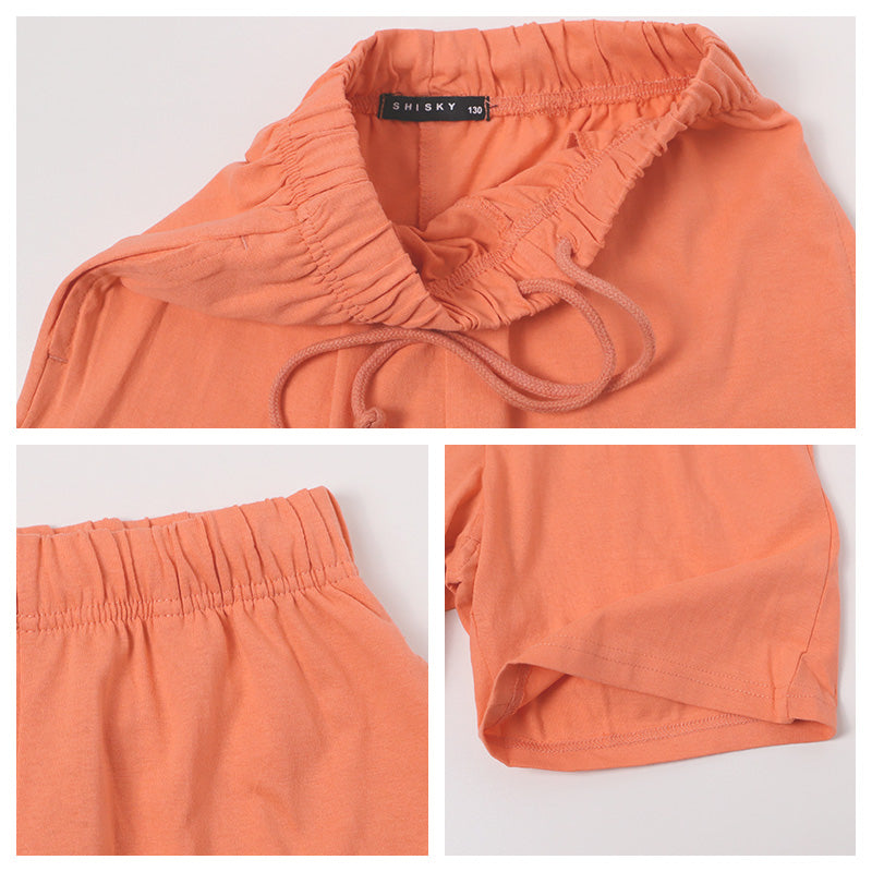 キッズ セットアップ 子供服 半袖 ハーフパンツ 上下セット 綿100％ オーバーサイズ 130 140 150 160 cm 夏服 男の子 女の子 ジュニア ルームウェア 部屋着 パジャマ 小学生 中学生 SHISKY ポケット付き 調整紐 無地 おしゃれ ゆったり 通学 外遊び