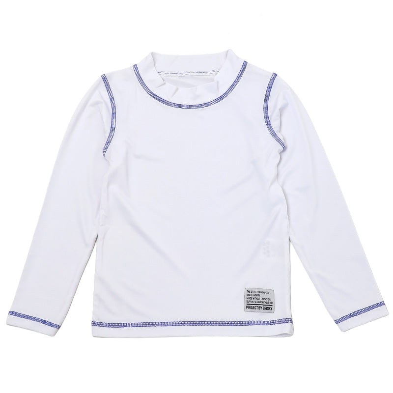 ラッシュガード キッズ 長袖 子供 ジュニア 水着 スクール水着 130cm 140cm 150cm 160cm 学校 プール 海 男の子 女の子 男女兼用 ハイネック かぶり ファスナーなし 薄手 ストレッチ ソフトフィット 無地 ステッチ 日焼け対策 水泳 海水浴 小学生