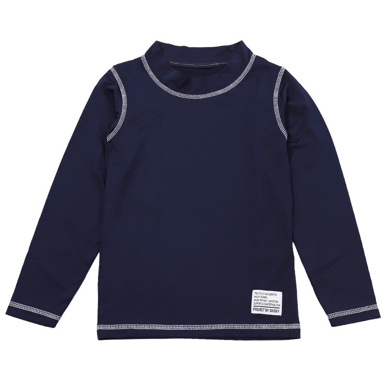 ラッシュガード キッズ 長袖 子供 ジュニア 水着 スクール水着 130cm 140cm 150cm 160cm 学校 プール 海 男の子 女の子 男女兼用 ハイネック かぶり ファスナーなし 薄手 ストレッチ ソフトフィット 無地 ステッチ 日焼け対策 水泳 海水浴 小学生
