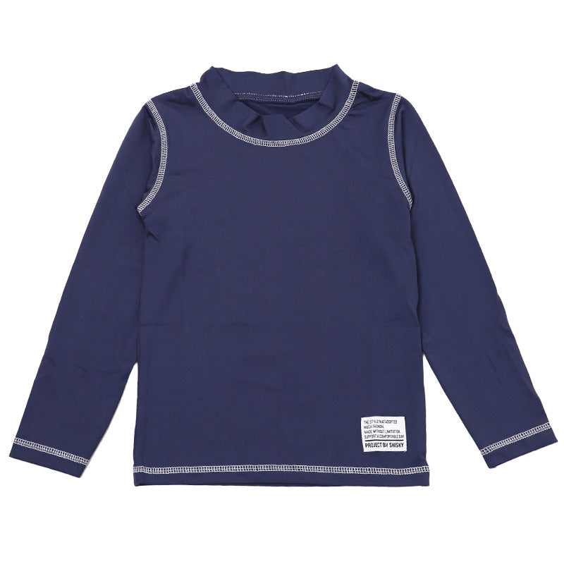 ラッシュガード キッズ 長袖 子供 ジュニア 水着 スクール水着 130cm 140cm 150cm 160cm 学校 プール 海 男の子 女の子 男女兼用 ハイネック かぶり ファスナーなし 薄手 ストレッチ ソフトフィット 無地 ステッチ 日焼け対策 水泳 海水浴 小学生