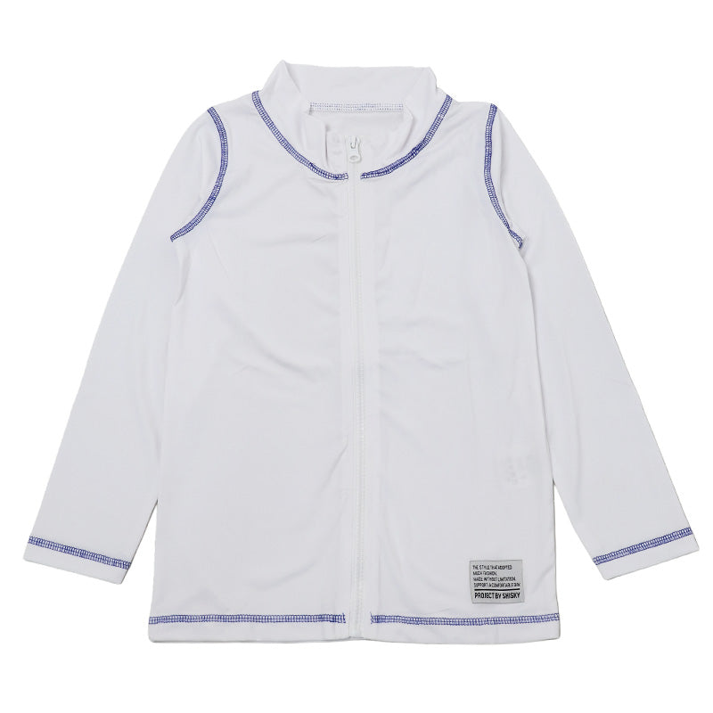 ラッシュガード キッズ 長袖 ジップアップ 前開き 子供 ジュニア 男の子 女の子 男女兼用 130cm 140cm 150cm 160cm ハイネック 薄手 ストレッチ ソフトフィット 水着 羽織り プール 海 川 水遊び 日焼け対策 小学生 中学生 ボーイズ ガールズ 学校