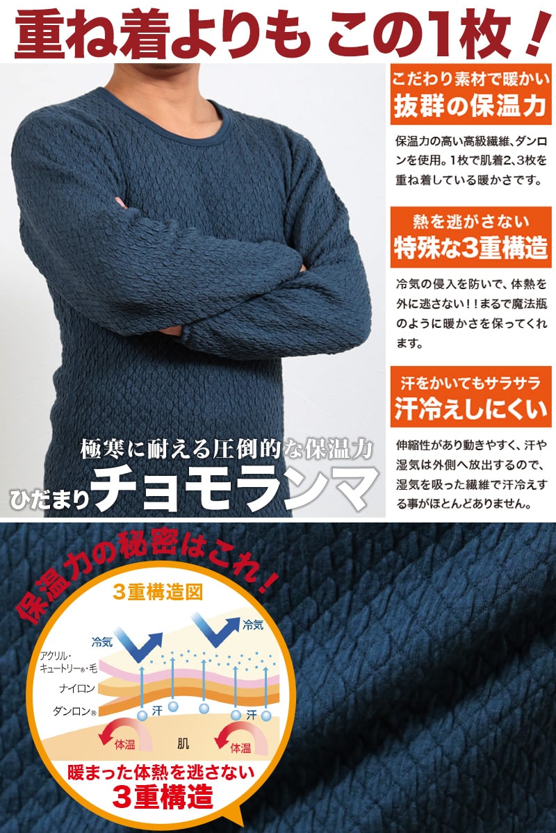 ひだまり チョモランマ 紳士 長袖丸首シャツ M～LL 保温力 透湿性 消臭抗菌 静電気抑制 動きやすい 防寒 メンズ インナー 冬 (送料無料)