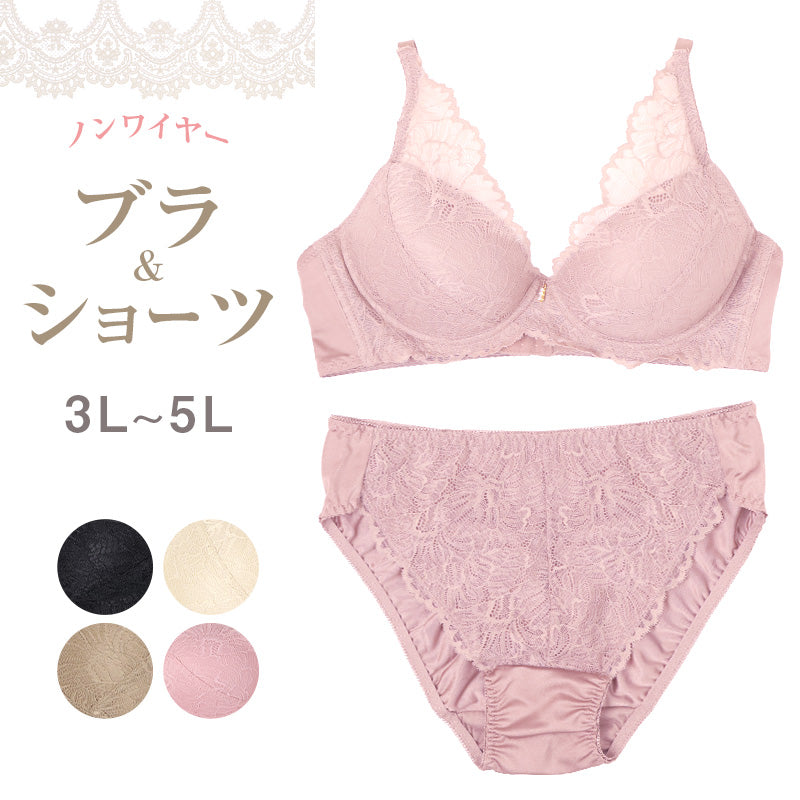 ノンワイヤー ブラ ショーツ 上下セット 大きいサイズ 3L ～ 5L ブラジャー フルカップ レディース 下着 セットアップ インナー レース かわいい 補整下着 痛くない 楽ちん