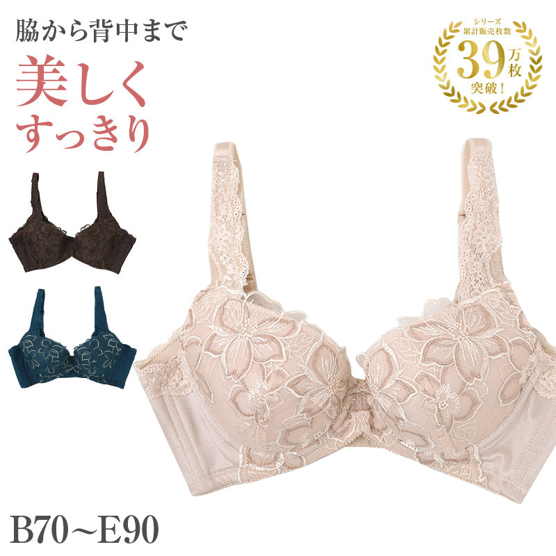 ブラジャー レディース ワイヤーブラ 脇高 背中すっきり 脇肉 サイドボーン B70～E90 3/4カップ 幅広バック パッドポケット 花柄レース 刺繍レース バストサポート 横流れ対策 美背中 ワイヤー当たり軽減 安定感 単品ブラ 女性用 下着 インナー