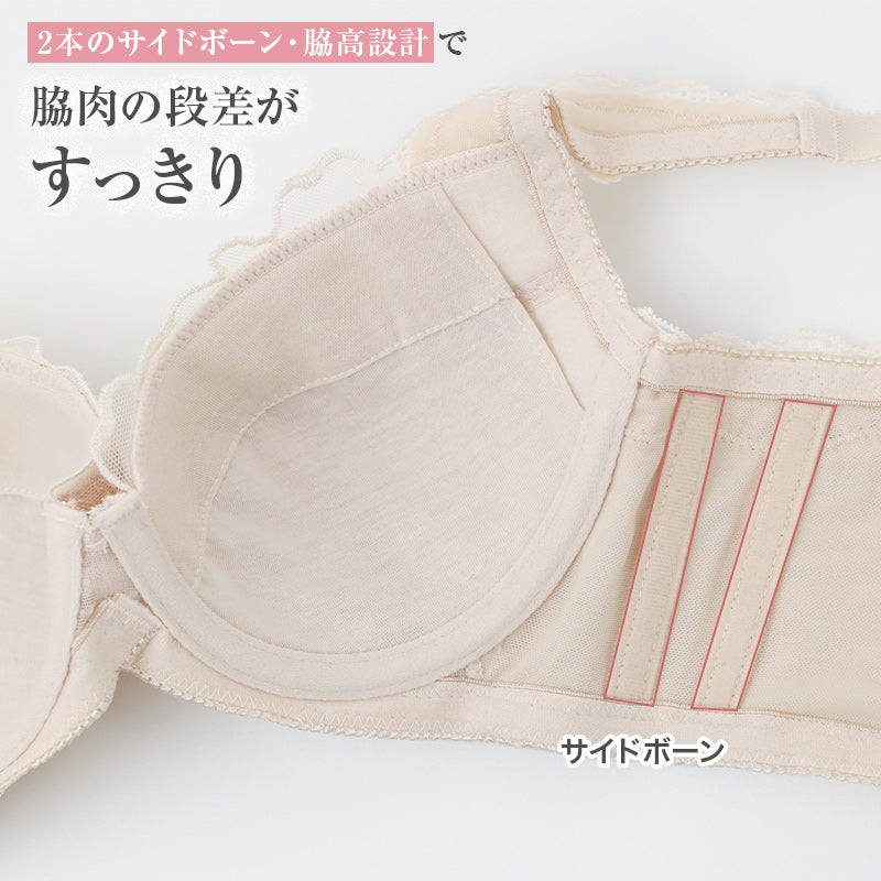 ブラジャー レディース ワイヤーブラ 脇高 背中すっきり 脇肉 サイドボーン B70～E90 3/4カップ 幅広バック パッドポケット 花柄レース 刺繍レース バストサポート 横流れ対策 美背中 ワイヤー当たり軽減 安定感 単品ブラ 女性用 下着 インナー