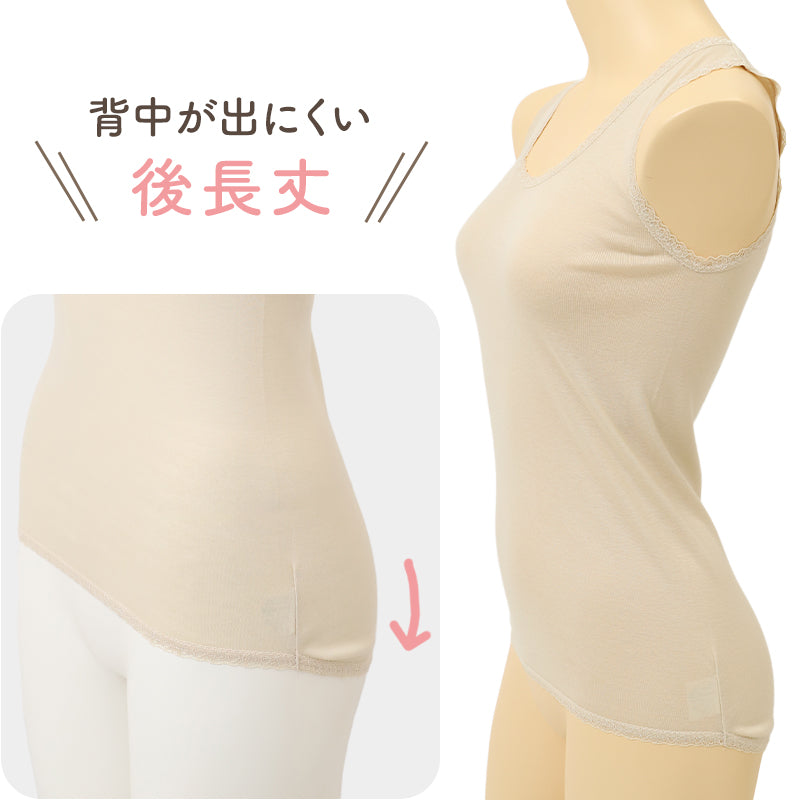 綿100% ラン型インナー レディース 日本製 超長綿 プレミアム タンクトップ ノースリーブ コットン レース付き 婦人 ミセス 女性 下着 肌着 インナーシャツ S M L LL 3L やわらか ソフトな肌ざわり 大きいサイズ対応 国産 普段使い デイリー