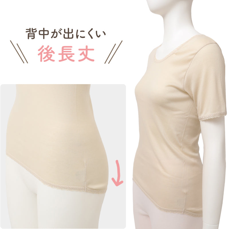レディース インナー 3分袖 綿100% 超長綿 日本製 婦人肌着 半袖インナー コットン フライス 肌着 下着 女性 ミセス インナーシャツ アンダーウェア S M L LL 3L レース プレミアムコットン 背中が出にくい 後丈長 大きいサイズ 三分袖 婦人下着