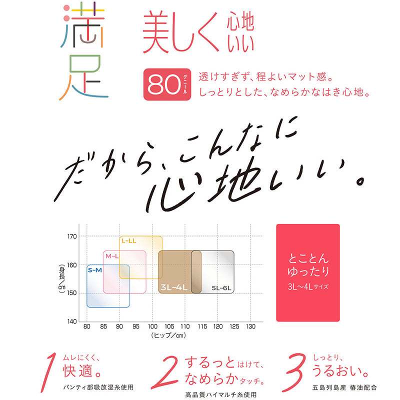 福助 満足 おおきめ カラータイツ 80デニール 3L-4L・5L-6L (フクスケ レディース 黒 発熱タイツ 暖かい ふくすけ 大きなサイズ プラスサイズ) (在庫限り)