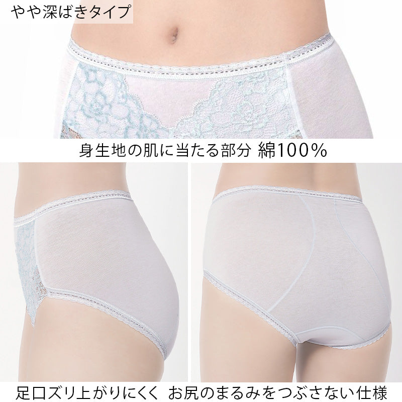 福助 満足 ショーツ レディース 綿 やや深履き フロントレース M～LL 女性 下着 パンツ パンティ コットン インナー レース ずり上がりにくい