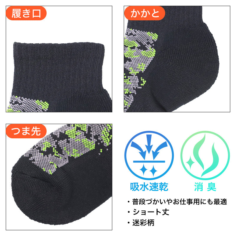 メンズ 靴下 綿混 作業用 ソックス 2足組 高強度補強 吸水速乾 消臭 25-27cm つま先かかと補強 ショート丈 ワークソックス 作業靴下 ワーキングソックス メンズソックス くつ下 くつした 放湿 保温 つま先遠赤素材 迷彩柄 カモ柄 紳士 男性 仕事用