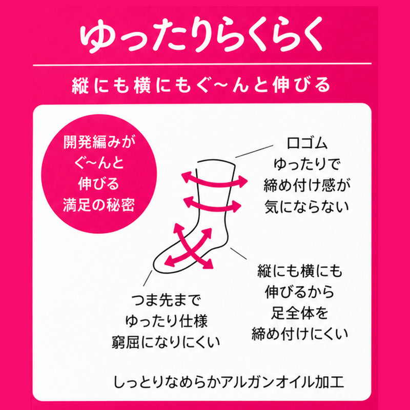 レディース ハイソックス 綿 マルチストレッチ ゆったり 締め付けにくい 22-25cm 履き口ゆったり 縦横ストレッチ アルガンオイル加工 靴下 ソックス 女性 婦人 伸びる らくらく ロングソックス 口ゴムゆったり 普段使い デイリー 脱ぎやすい 福助