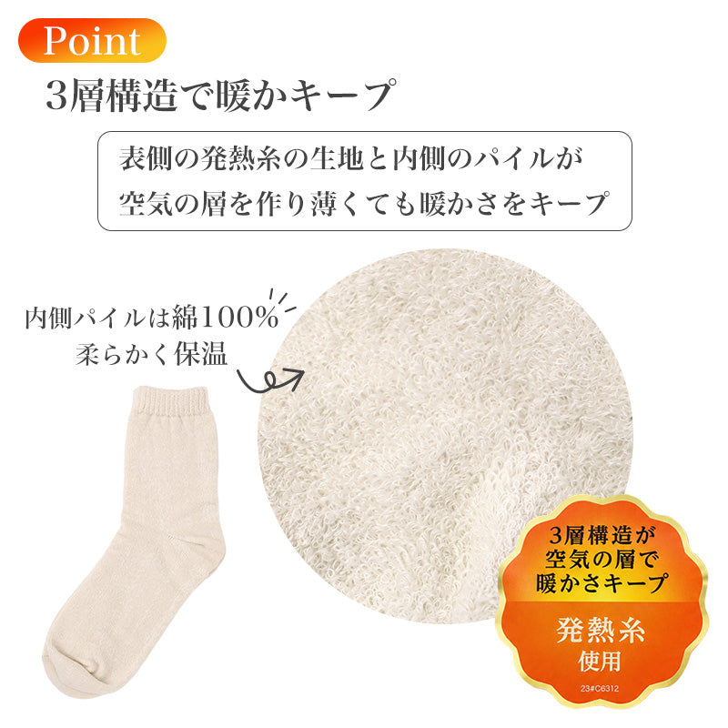 ルームソックス レディース あったか 靴下 発熱糸 3層構造 総パイル 23-25cm 内側綿パイル 保温 クルー丈 履き口ゆったり 締め付けにくい 温活 防寒 冬 冷え対策 暖かい あたたかい 室内 発熱ソックス パイルソックス 冬用 福助 美温活 湯たんぽ