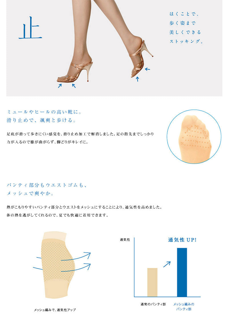 アツギ ASTIGU 止 ノンスリップ ストッキング (S-M～L-LL)(アスティーグ ATSUGI レディース 婦人 女性 パンティ部メッシュ 滑り止め ヌードトウ 夏 サマー パンティストッキング パンスト 大きいサイズ) (在庫限り)