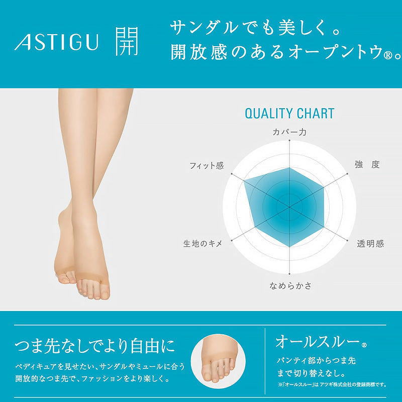 アスティーグ 開 ストッキング オープントウ 足先なし アツギ M-L・L-LL ASTIGU 指なし パンティストッキング パンスト パンティーストッキング 夏用 サマー レディース