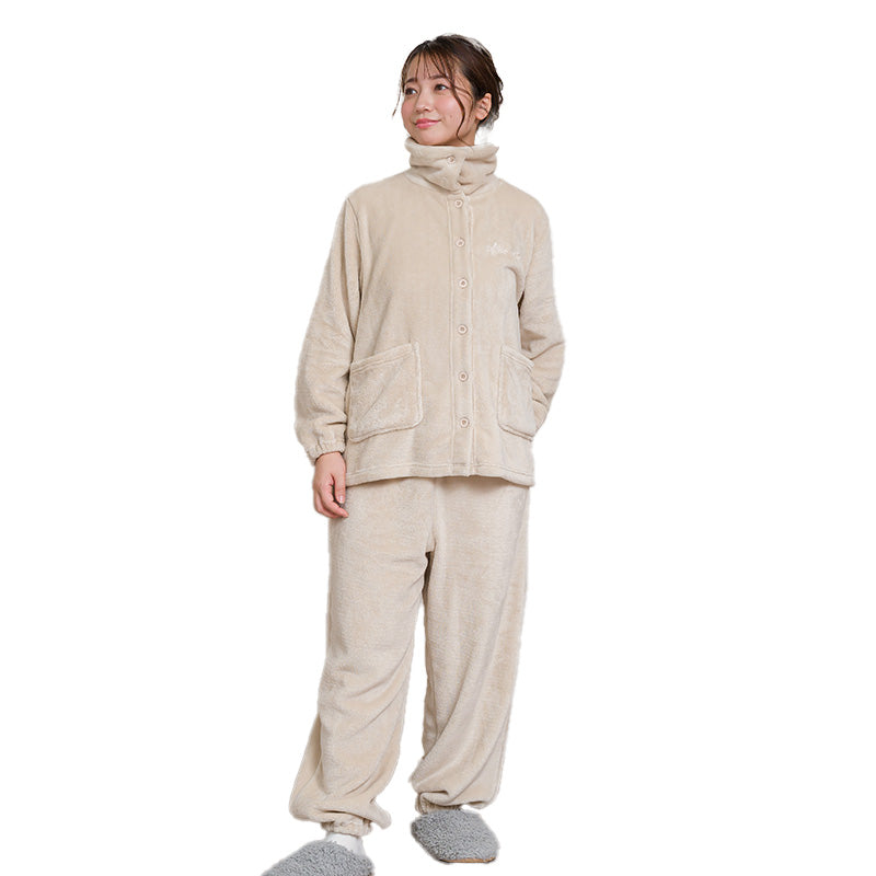 ルームウェア レディース 冬 可愛い パジャマ 長袖 寝巻き 寝間着 もこもこ 暖かい 前開き M-L 防寒 部屋着 上下セット 婦人 女性 暖かい あたたかい あったかい フランネル