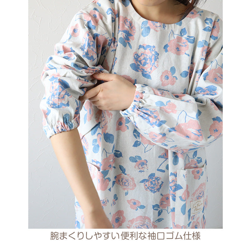 割烹着 おしゃれ かっぽう着 綿 花柄 バラ柄 M (かわいい 綿100% コットン 母の日 プレゼント 実用的 お母さん 贈り物 シンプル エプロン 保育士 )